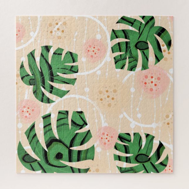 Puzzle Feuilles Monstera sur rose. (Vertical)