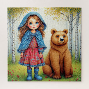 Puzzle Fille adorable et ours dans une forêt fantaisiste
