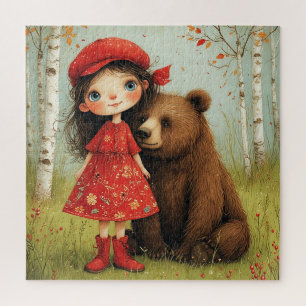 Puzzle Fille adorable et ours dans une forêt fantaisiste