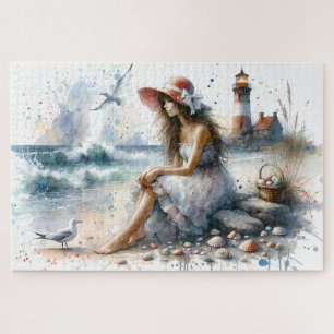 Puzzle Fille aquarelle romantique au phare