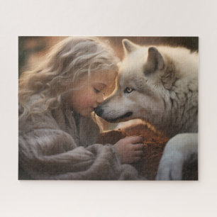 Puzzle Fille avec loup blanc