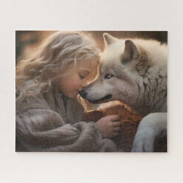 Puzzle Fille avec loup blanc (Horizontal)