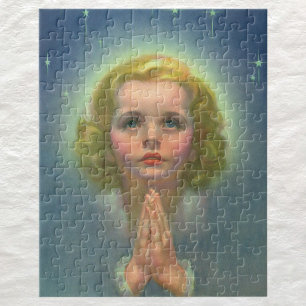 Puzzle Fille blonde angélique avec halo et étoiles priant