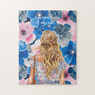 Puzzle Fille Blonde Florale Été Rose Bleu Chic