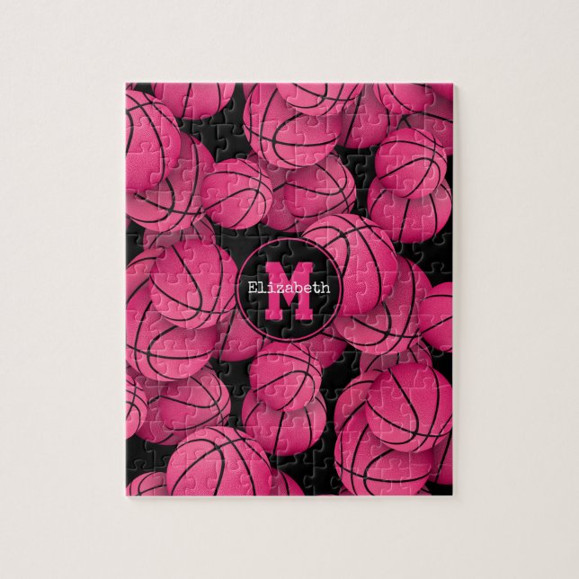 Puzzle Fille boules de basket rose chaud motif monogramme (Vertical)