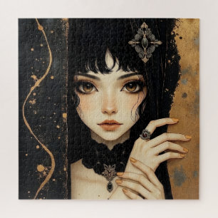 Puzzle Fille d'anime gothique noir et or