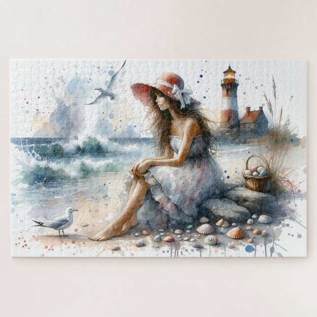Puzzle Fille d'aquarelle romantique par phare (Horizontal)