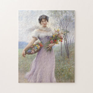 Puzzle Fille en Robe couleur Lilac avec un bouquet de fle