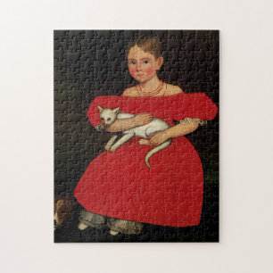 Puzzle Fille en rouge avec son chat et chien