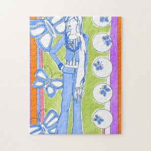 Puzzle Fille fascinante environnante de papillons bleus