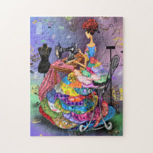 Puzzle Fille Seamstress avec robe colorée - Dessin d'art