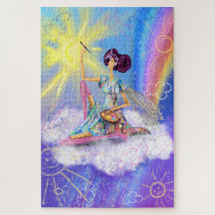 Puzzle Fille sur nuage peinture soleil et arc-en-ciel - I