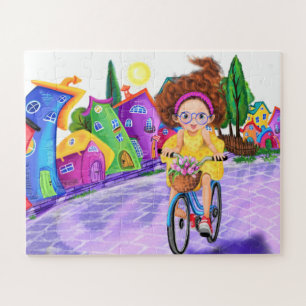 Puzzle Fille sur un vélo avec tulipes Jigsaw Peinture de