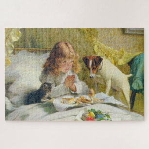 Puzzle Fille Vintage priant avec l'art de chat et de chie
