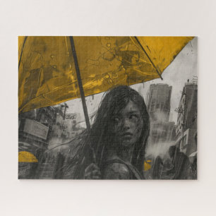 Puzzle Fille Zombie avec parapluie jaune