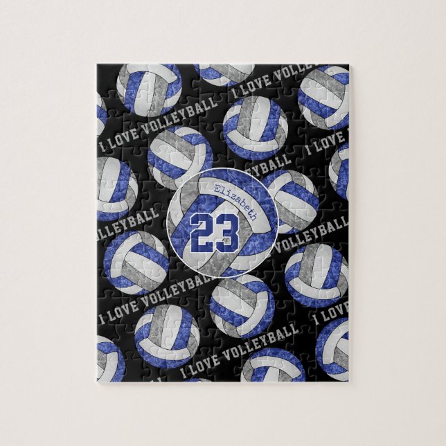 Puzzle filles gris bleu J'aime volleyball personnalisé (Vertical)