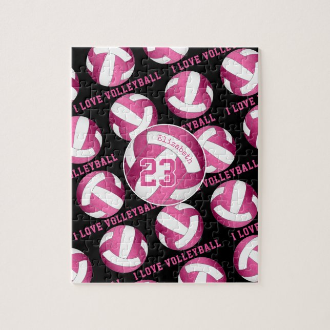 Puzzle filles J'aime volleyball rose vif personnalisé (Vertical)