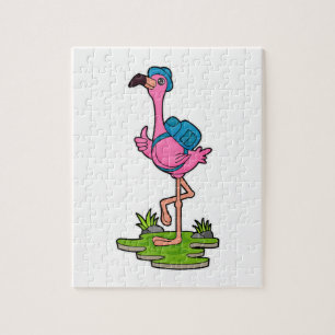 Puzzle Flamant rose comme randonneur avec sac à dos