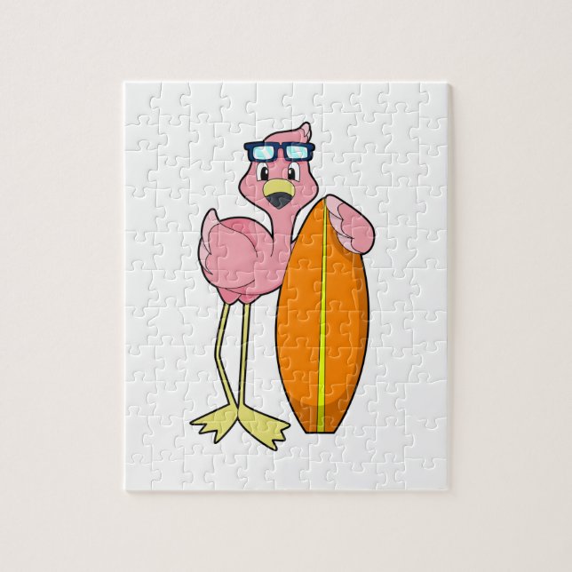 Puzzle Flamant rose comme Surfer avec Surfboard.PNG (Vertical)