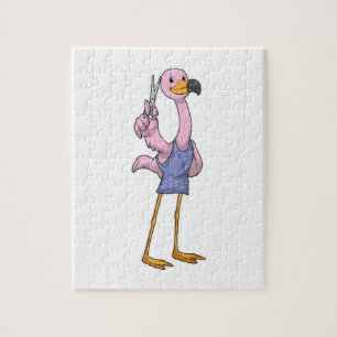 Puzzle Flamant rose en coiffeur avec ciseaux