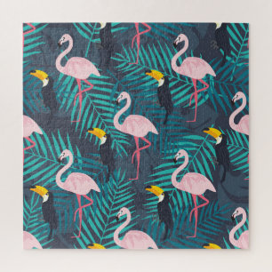 Puzzle Flamant rose, toucan : motif de feuilles tropicale