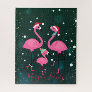 Puzzle Flamants de famille adorables Chapeau de Père Noël