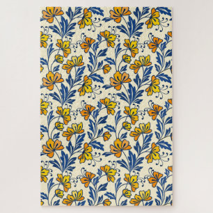 Puzzle Fleur Bleue Feuillue de Style Folk Orange Jaune Vi