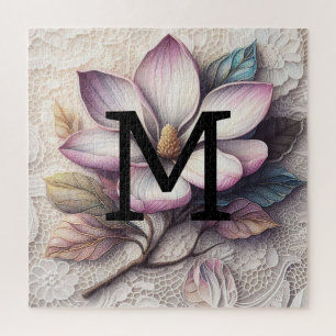 Puzzle Fleur de magnolia violet rose de dentelle de monog