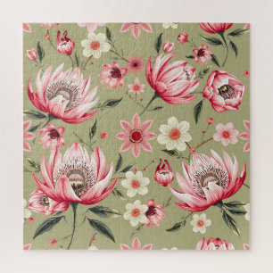 Puzzle Fleur de Protéa Exotique Botanique Vert Sauge Luxe