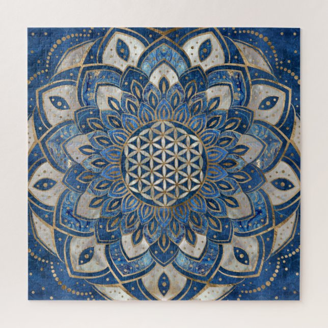 Puzzle Fleur de vie à Lotus - Marbre bleu et Pearl (Vertical)
