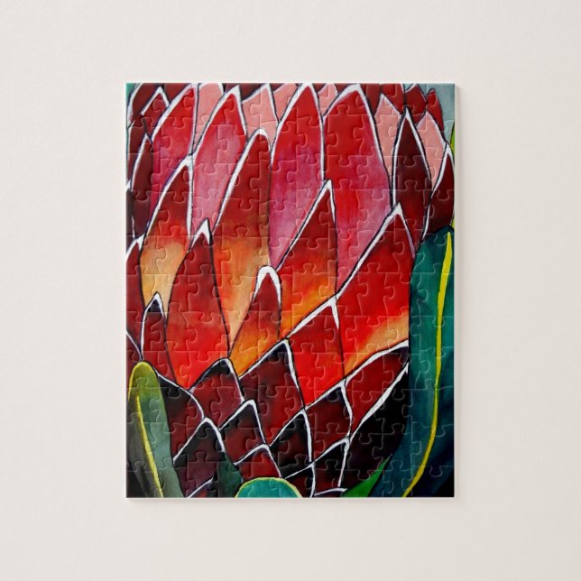 Puzzle Fleur rouge Protea art original aquarelle (Vertical)
