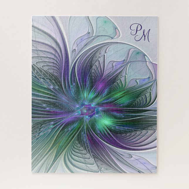 Puzzle Fleur vert violet Moderne Art Abstrait Monogramme (Vertical)