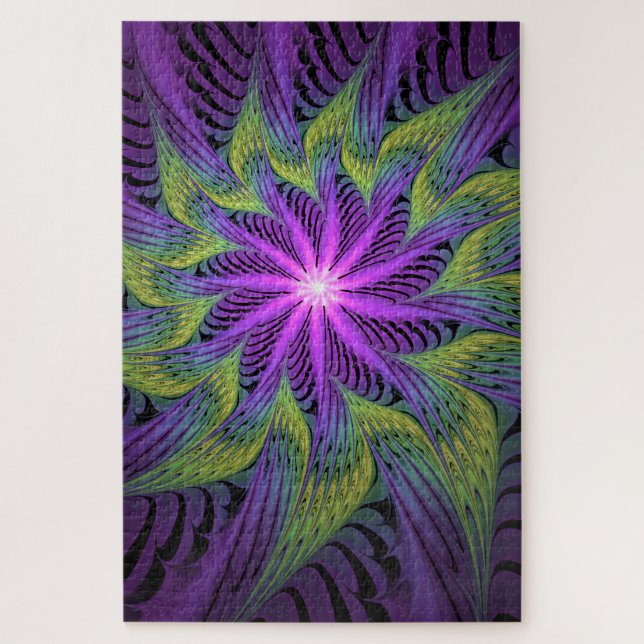 Puzzle Fleuron vert violet Art Abstrait fractal moderne (Vertical)