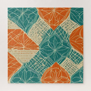 Puzzle Fleurs abstraites sarcelle, orange et chamois