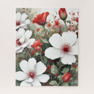 Puzzle Fleurs blanches et rouges Elégante aquarelle