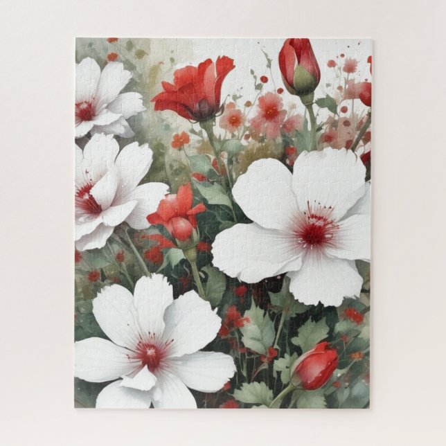 Puzzle Fleurs blanches et rouges Elégante aquarelle (Vertical)