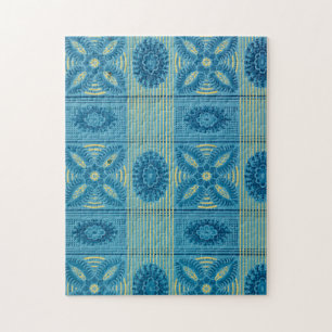 Puzzle Fleurs bleues rayures jaunes Motif d'art vintage