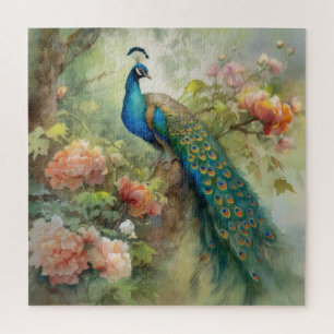 Puzzle Fleurs élégantes vintage bleu vert paon rose