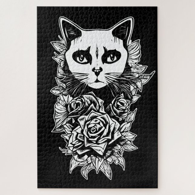 Puzzle Fleurs Et Chat Gothique (Vertical)