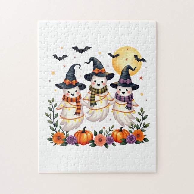 Puzzle Fleurs Fantômes mignons Chats Citrouille Halloween (Vertical)