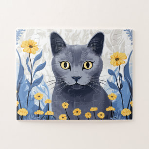 Puzzle Fleurs Jaunes Chat Bleu Russe