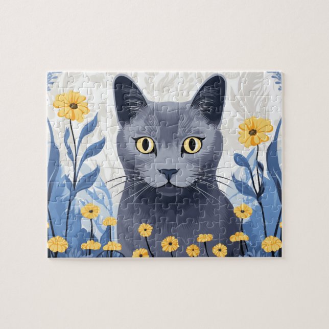 Puzzle Fleurs Jaunes Chat Bleu Russe (Horizontal)