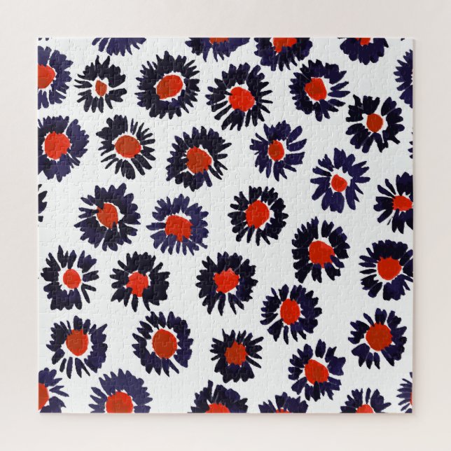 Puzzle Fleurs peintes à la main, motif rouge et bleu. (Vertical)