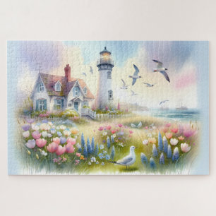 Puzzle Fleurs printanières au cottage côtier au phare