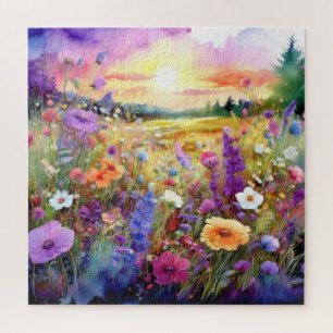 Puzzle Fleurs sauvages au coucher du soleil en aquarelle