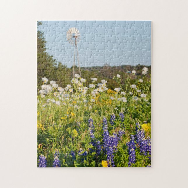 Puzzle Fleurs sauvages Et Moulin À Vent Au Texas Hill Cou (Vertical)
