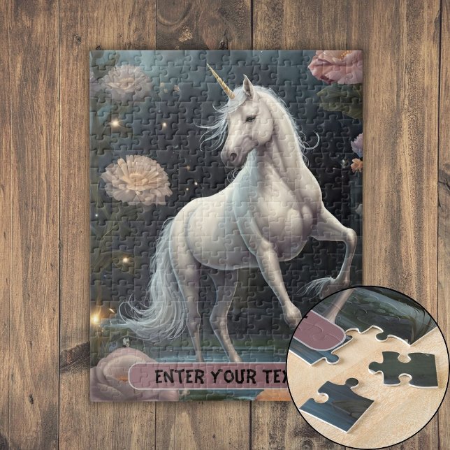 Puzzle Fleurs Unicorne Blanches Personnalisées (Personalized White Unicorn Flowers Jigsaw Puzzle)