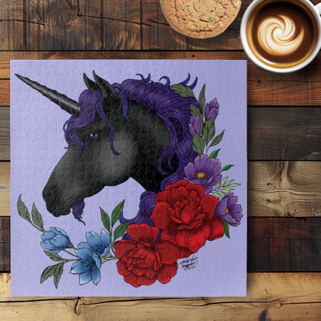Puzzle Fleurs Unicorne Noire violet (Créateur téléchargé)