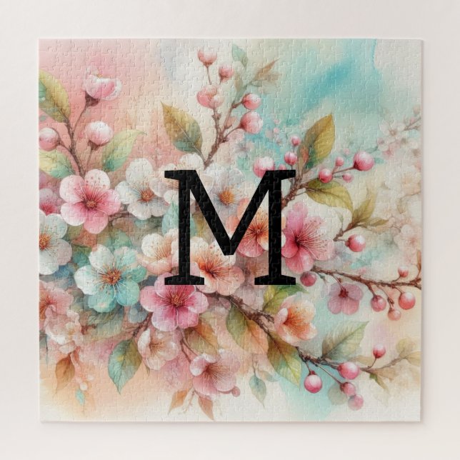 Puzzle Floral aquarelle monogramme rose cerisier fleurs (Vertical)