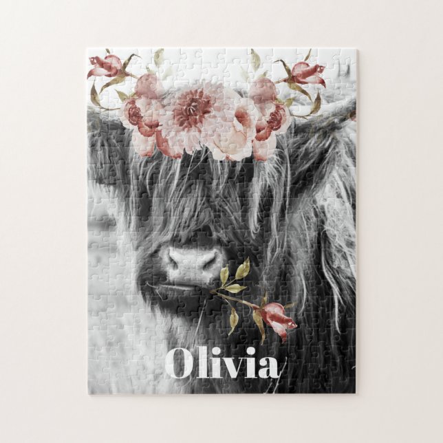 Puzzle Floral de vache de Highland | Western Cowgirl Nom  (Vertical)
